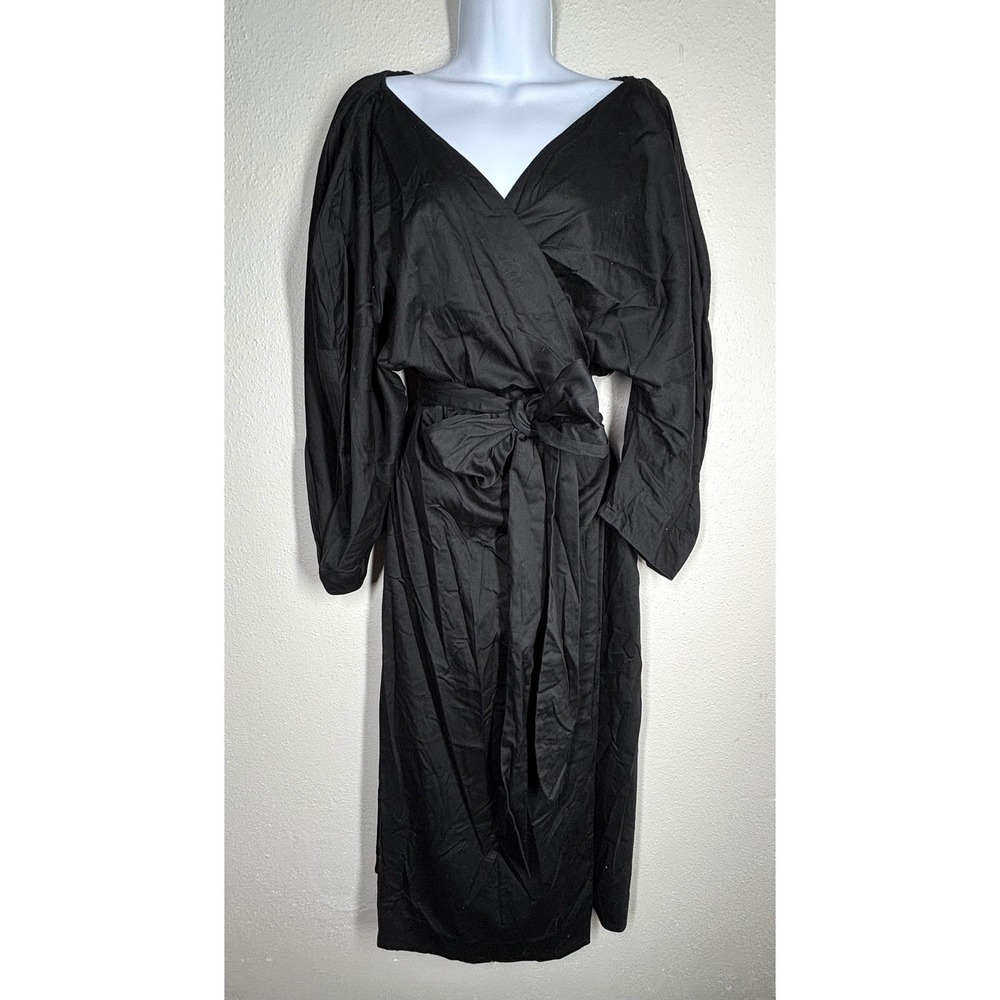 Mara Hoffman Black Wrap Midi Dress Long Sleeve Tie Waist Organic Cotton 3X $595‎